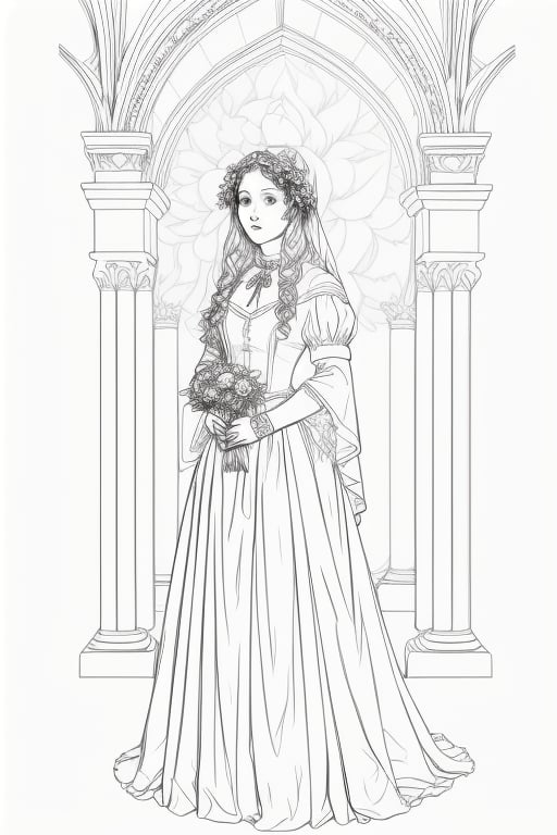 a coloring page of a woman with flowers,  in the style of gothic grandeur,  realistic yet stylized by Lunaseas on Tensor.Art