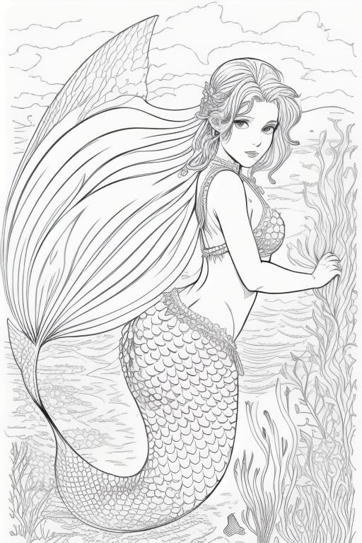 mermaid coloring pages image printable coloring pages,  in the style of hyperrealistic fantasy,  contemporary surrealistic...