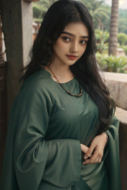 20 aged tamilnadu girl , curly black long hair , wearing green silk  saree , thick oval face , filled lips , temple , nomal breast , round ass , fit girl , wearing thin  jewels ,m4d4m,Indian,Anyageraldine