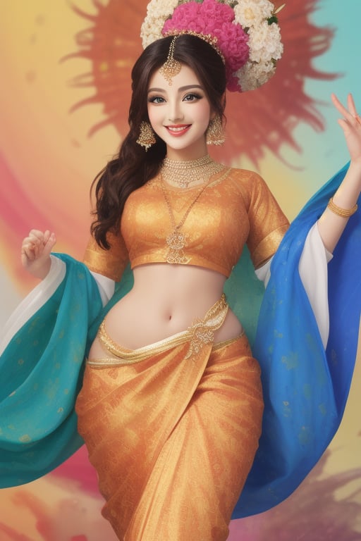 Create a vibrant and captivating tensor art representation of a beautiful curvy Tamil aunty,  celebrating her curves and r...