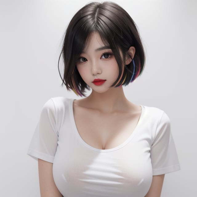 1girl,solo, sexy body,looking at viewer, white background, bob cut, short hair, multicolored hair, makeup , parted lips, red lips, eyeliner, wearing white t shirt ,big_breast