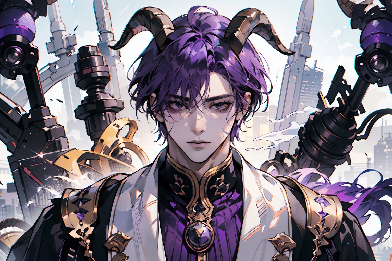 1male, ((purple hair)), (black eyes), masterpiece, full_body_shot, mist and fog , (purple_clothes) , multicolour chest pleated, (((black skin))) , (((purple Mechanical body))) , (((There are goat horns))) ,handsome