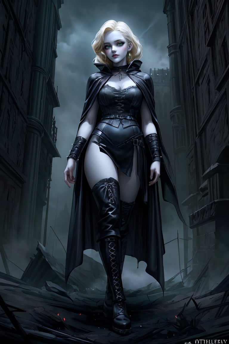 Hyper-realistic, full-body image of a young woman inspired by Lisa Simpson, with a dark fantasy, cinematic aesthetic, spiky, platinum blonde hair styled to resemble her iconic cartoon look but with realistic texture and flow. Her face features pale skin, dark, smoky eye makeup, and black lipstick, giving her a gothic, mysterious expression. She is dressed in a dark, fantasy-inspired outfit—black leather and velvet, with details like spiked accessories, a long cloak, and knee-high combat boots. Her attire should blend elegance and edge, evoking a dark medieval or dystopian world. The lighting is dramatic, with strong contrasts that highlight the textures of her clothing and the contours of her body. The background should be a moody, fantastical setting, such as a fog-shrouded forest or a gothic castle ruin, with soft cinematic lighting and atmospheric mist, giving the scene a haunting, otherworldly feel. Every detail, from her posture to the folds in her clothing, should be rendered with extreme realism, making it appear like a photograph from a dark fantasy film.