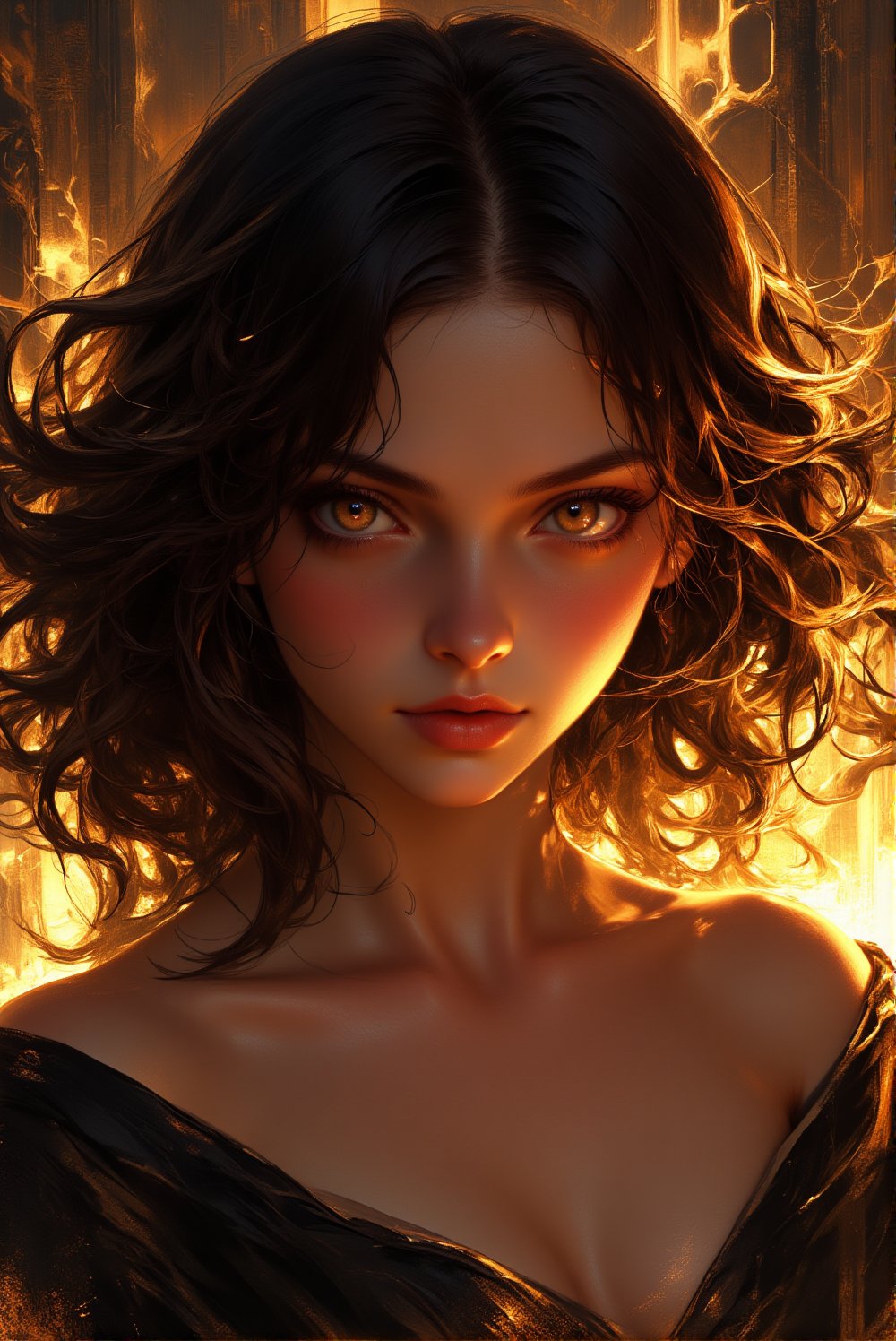 Hyper realistic digital painting of a beautiful girl, bright dark brown eyes, messy mid-length hair with golden highlights, intricate details, in a surreal and fantastic setting, highly detailed portrait blending Boris Vallejo's fantastic muscular realism, combining styles artistic works by Jose Royo, Julie Bell, Carne Griffiths, Benedick Bana, Brian Froud and Eric Wallis, precise anatomy, global lighting, chiaroscuro, ray tracing