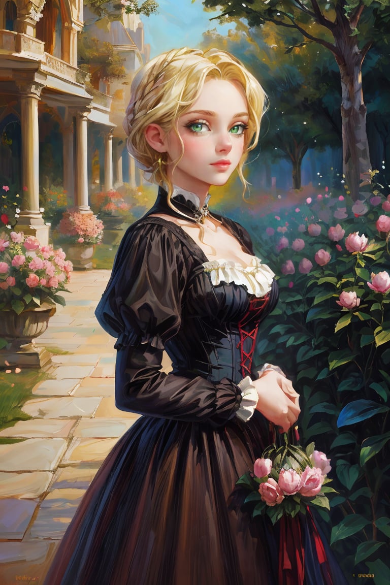 A girl in the Victorian era, promenade attire, peony garden, outdoor, (masterpiece, top quality, best quality, official art, beautiful and aesthetic:1.2), (1girl:1.4), vivid color, colorful, blonde hair, extreme detailed, highest detailed,oil painting,masterpiece,classic painting,