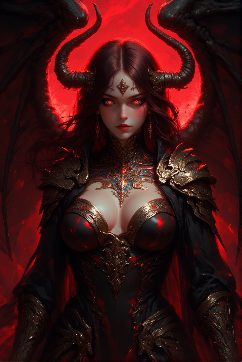 Hyper realistic digital painting of a beautiful girl representing Succubus,  glowing eyes,  pale skin color by Sparrow06 o...