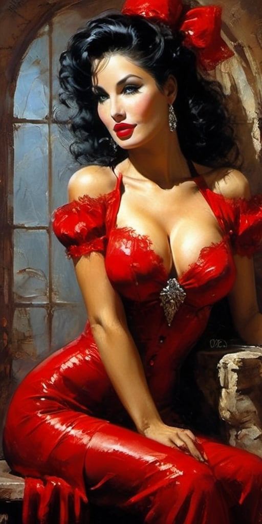woman in a red dress and stockings posing for a picture,  pinup art,  in style of luis royo by Sparrow06 on Tensor.Art