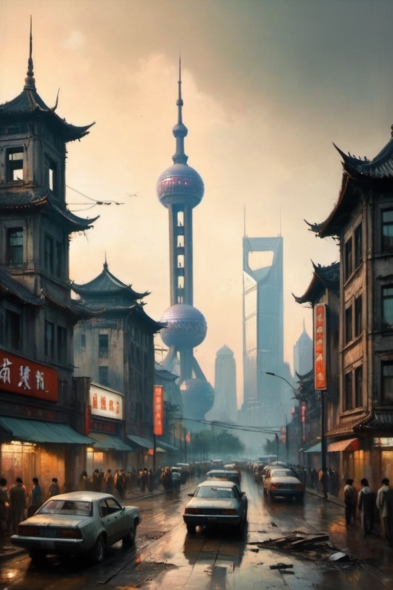 Shanghai in ruins,  destroyed city,  dystopian retro futuristic by Sparrow06 on Tensor.Art
