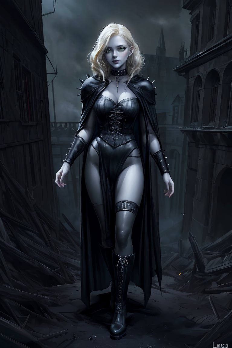 Hyper-realistic, full-body image of a young woman inspired by Lisa Simpson, with a dark fantasy, cinematic aesthetic, spiky, platinum blonde hair styled to resemble her iconic cartoon look but with realistic texture and flow. Her face features pale skin, dark, smoky eye makeup, and black lipstick, giving her a gothic, mysterious expression. She is dressed in a dark, fantasy-inspired outfit—black leather and velvet, with details like spiked accessories, a long cloak, and knee-high combat boots. Her attire should blend elegance and edge, evoking a dark medieval or dystopian world. The lighting is dramatic, with strong contrasts that highlight the textures of her clothing and the contours of her body. The background should be a moody, fantastical setting, such as a fog-shrouded forest or a gothic castle ruin, with soft cinematic lighting and atmospheric mist, giving the scene a haunting, otherworldly feel. Every detail, from her posture to the folds in her clothing, should be rendered with extreme realism, making it appear like a photograph from a dark fantasy film.