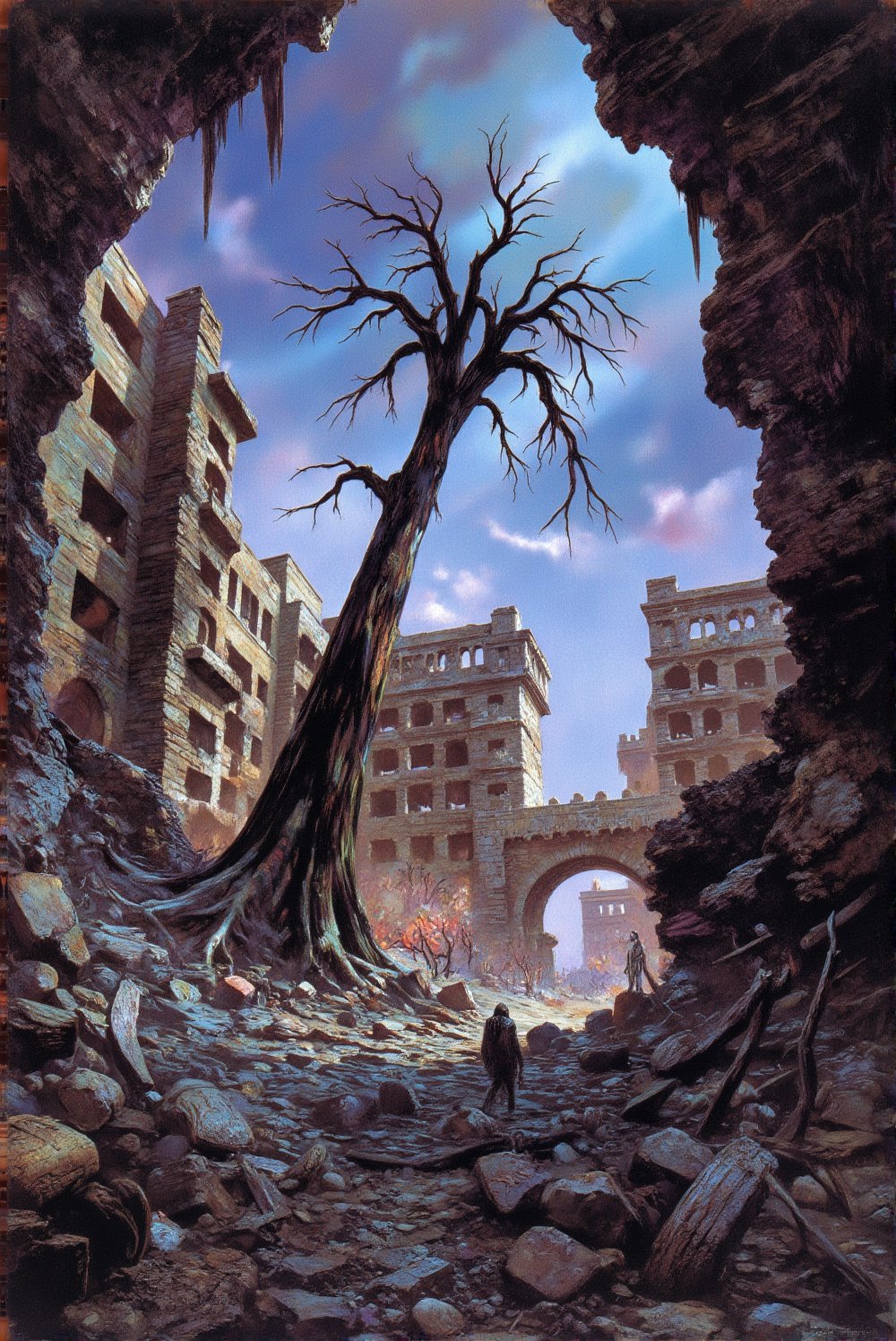 A captivating post-apocalyptic oil painting emerges from the rubble,  showcasing a desolate landscape. The artist has mast...