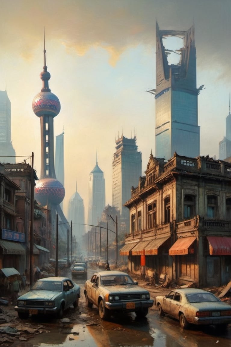 Shanghai in ruins,  destroyed city,  dystopian retro futuristic by Sparrow06 on Tensor.Art