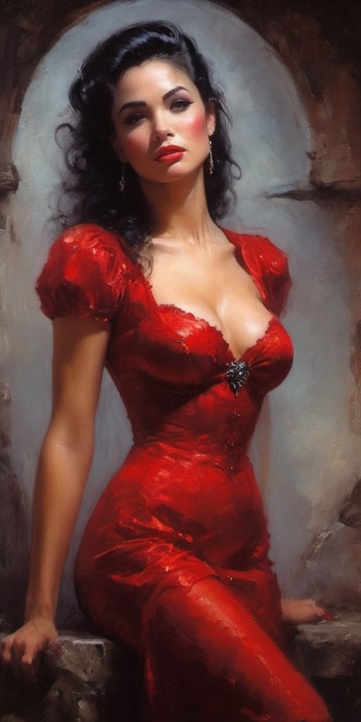 woman in a red dress and stockings posing for a picture,  pinup art,  in style of luis royo by Sparrow06 on Tensor.Art
