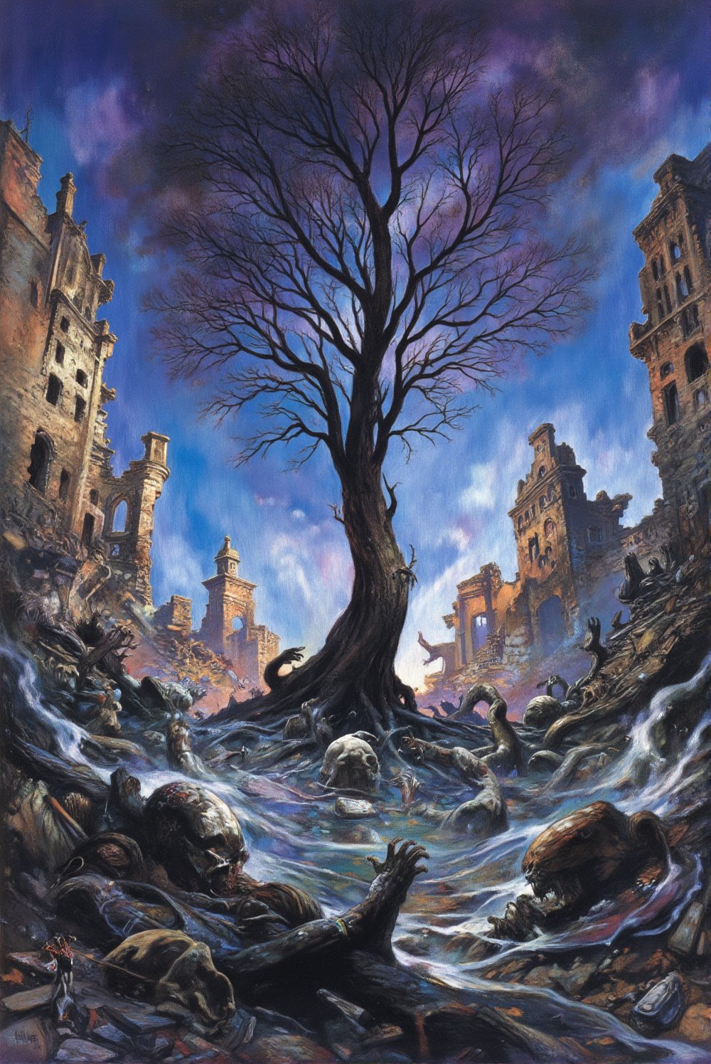 A captivating post-apocalyptic oil painting emerges from the rubble,  showcasing a desolate landscape. The artist has mast...