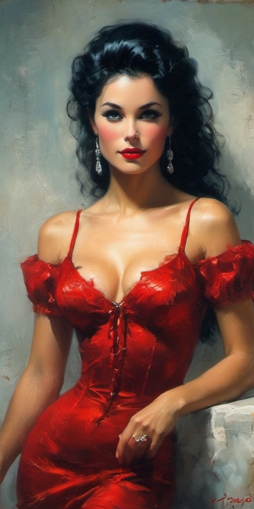 woman in a red dress and stockings posing for a picture,  pinup art,  in style of luis royo by Sparrow06 on Tensor.Art