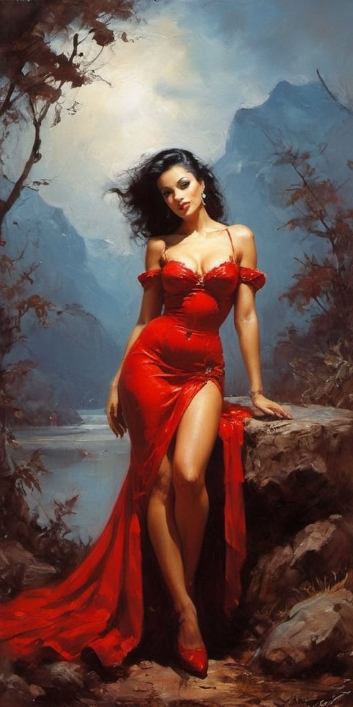 woman in a red dress and stockings posing for a picture,  pinup art,  in style of luis royo by Sparrow06 on Tensor.Art