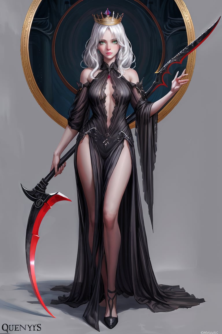 Hot scythe queen, white hair, beautiful face, realistic, dark fantasy art, whole body