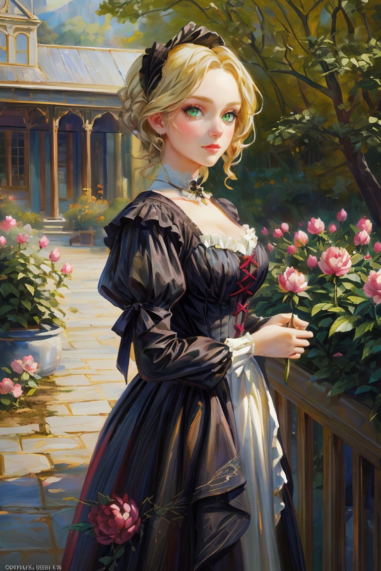 A girl in the Victorian era, promenade attire, peony garden, outdoor, (masterpiece, top quality, best quality, official art, beautiful and aesthetic:1.2), (1girl:1.4), vivid color, colorful, blonde hair, extreme detailed, highest detailed,oil painting,masterpiece,classic painting,