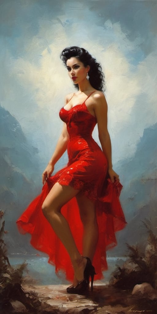 woman in a red dress and stockings posing for a picture,  pinup art,  in style of luis royo by Sparrow06 on Tensor.Art