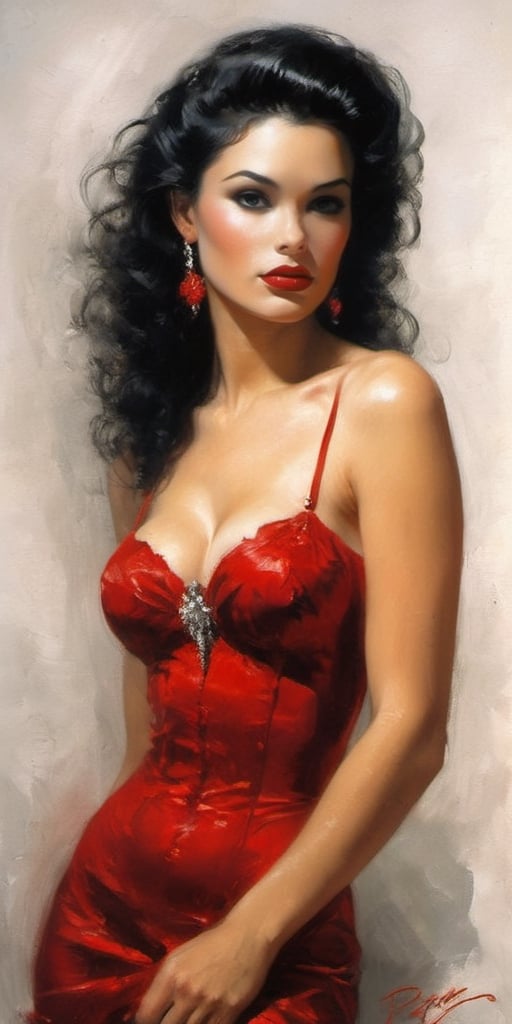 woman in a red dress and stockings posing for a picture,  pinup art,  in style of luis royo by Sparrow06 on Tensor.Art
