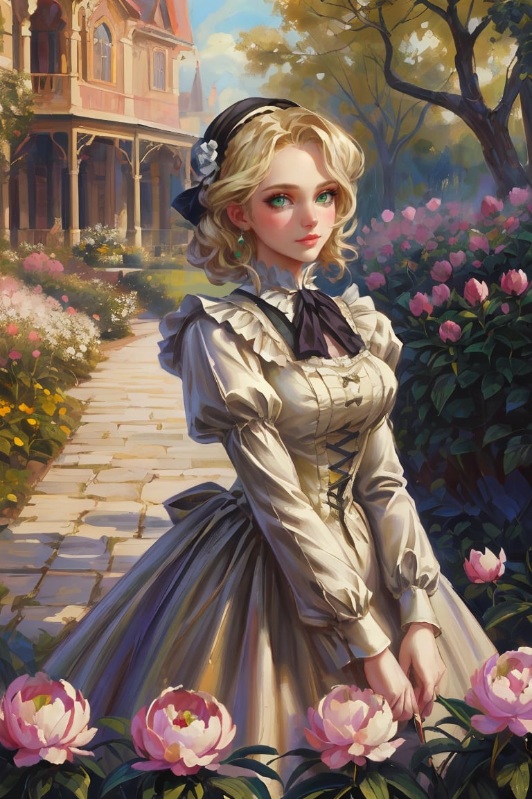 A girl in the Victorian era, promenade attire, peony garden, outdoor, (masterpiece, top quality, best quality, official art, beautiful and aesthetic:1.2), (1girl:1.4), vivid color, colorful, blonde hair, extreme detailed, highest detailed,oil painting,masterpiece,classic painting,