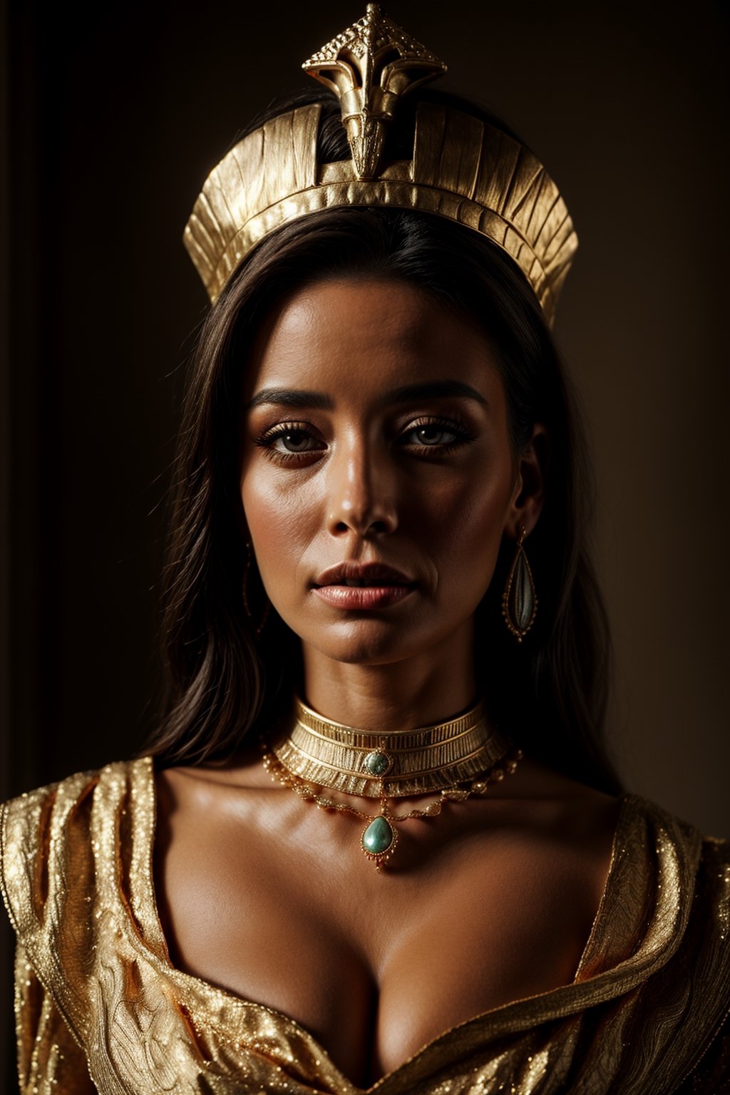 {A female pharaoh} in {majestic Egyptian regalia}, {realistic photograph}, {historical portrait}, {inspired by ancient Egypt}, {her headdress and royal attire}, {captured with a telephoto lens to emphasize her regal features}, {rendered with high attention to intricate costume details and jewelry}, {set against a backdrop reminiscent of the Nile River and pyramids}, {with golden sunlight casting a warm and timeless glow},perfecteyes