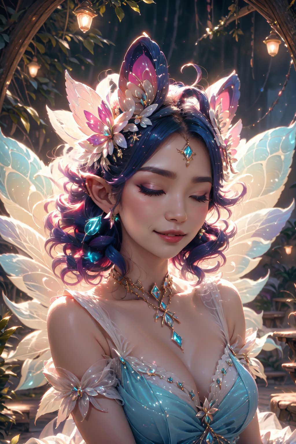 fairy, butterfly_wings,gem,vibrant colors, (((bride))), short neck, looking_at_viewer , facing front, one eye closed, winking, finger on the lip,light smile,night, soft lighting, Detailedface, (portrait:1.2), GlowingRunes_blue, 