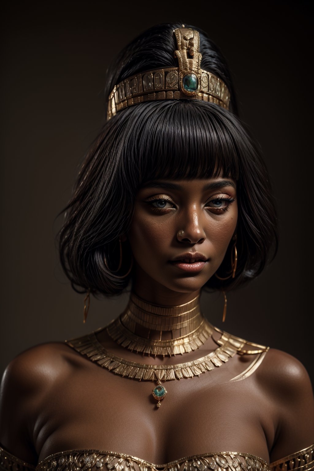 {A female pharaoh} in {majestic Egyptian regalia}, {realistic photograph}, {historical portrait}, {inspired by ancient Egypt}, {her headdress and royal attire}, {captured with a telephoto lens to emphasize her regal features}, {rendered with high attention to intricate costume details and jewelry}, {set against a backdrop reminiscent of the Nile River and pyramids}, {with golden sunlight casting a warm and timeless glow},perfecteyes,egypt