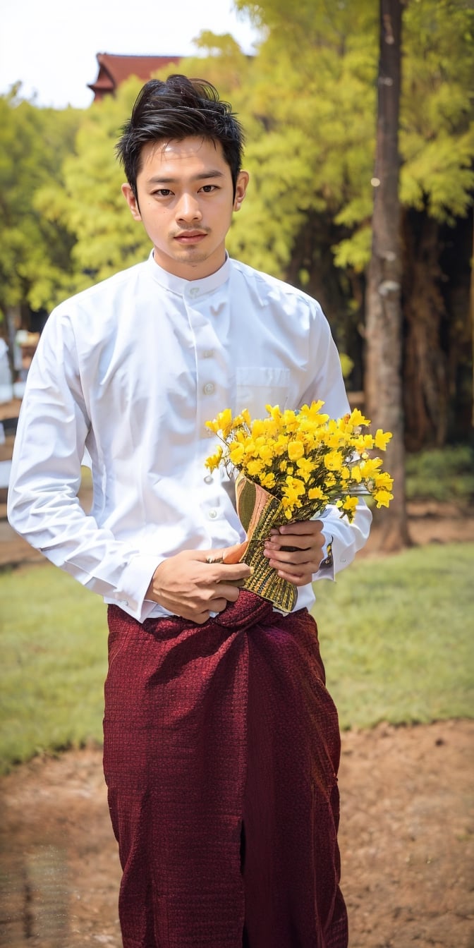 a young asian man,amm mc outfit,acmm tp outfit,realistic,Masterpiece,outdoors, traditional media,hold flowers,Daung,acmm cp outfit, scenery