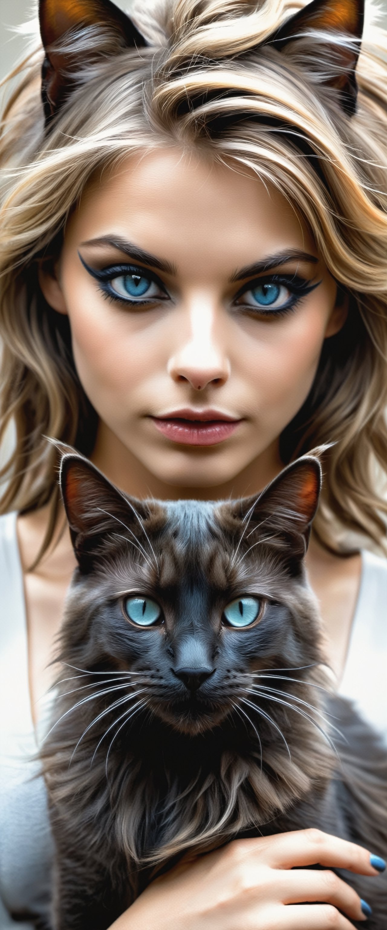 highly detailed image, woman holding her black cat, Cat People, both looking into the camera, beautiful and delicate blue (((cat eyes))), ((girl with cat eyes)), (with messy hair)