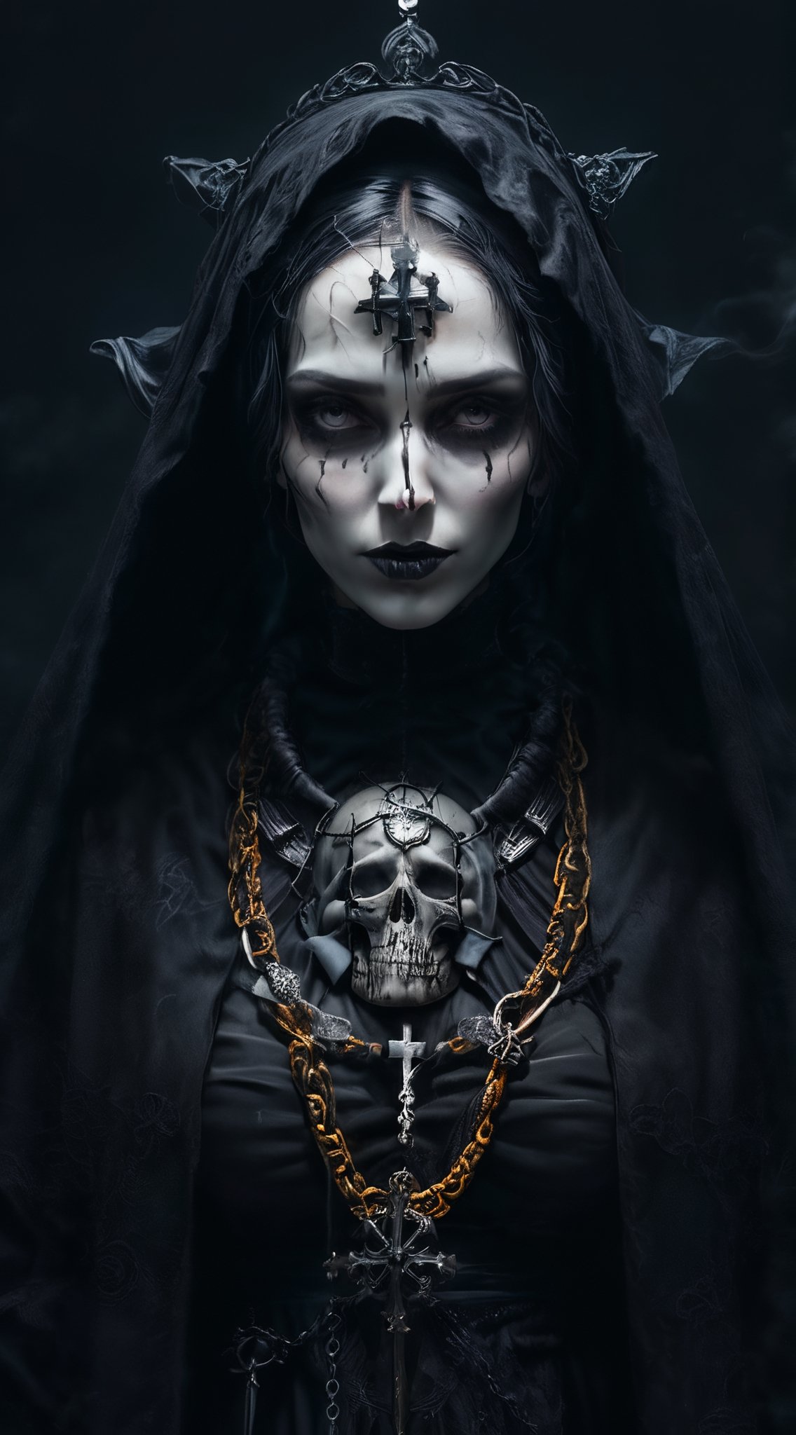 a close up of a woman with a skull on her chest and a a cross on her face, goddess of death, close-up portrait nun with skull, portrait of a dark evil nun, beautiful,  portrait of a female nun,  grim dark orientalism, queen of death, portrait of a dark nun witch, scary, 8k, detailed, eerie background, smoke,detailmaster2