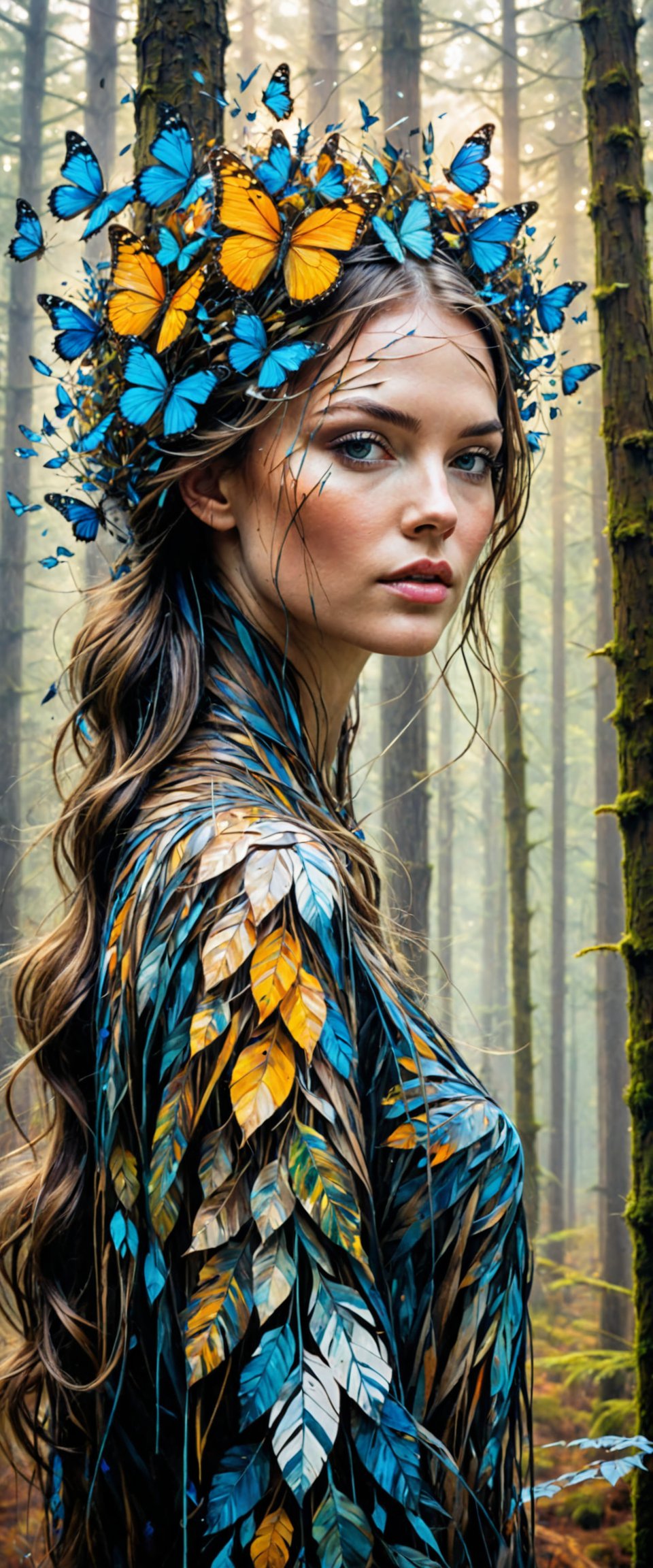 (masterpiece), mysterious forest woman, camouflaged, one with the forest, leaf clothing, butterflies, by Carne Griffiths, by Aaron Horke amazing depth, surreal, geometric patterns, intricately detailed,  photorealism, smooth, Movie Poster, MoviePosterAF