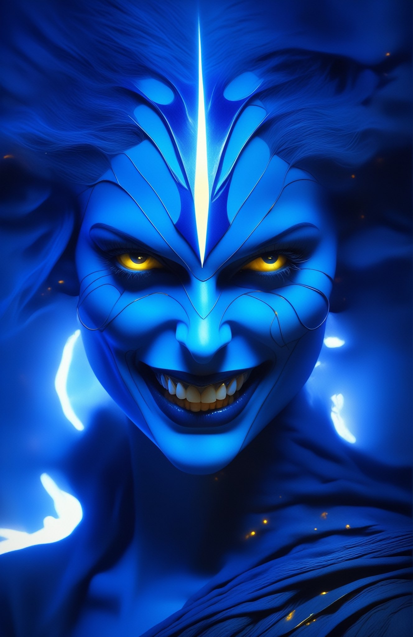 Modern art style on the theme of "electric blue" in the style of Stefan Gesell, golden ratio, fantasy horror art, photorealistic dark concept art, in style of dark fantasy art, lich vecna (d&d), detailed 4k horror artwork, stefan koidl inspired, ((stefan koidl)),Dark Majic