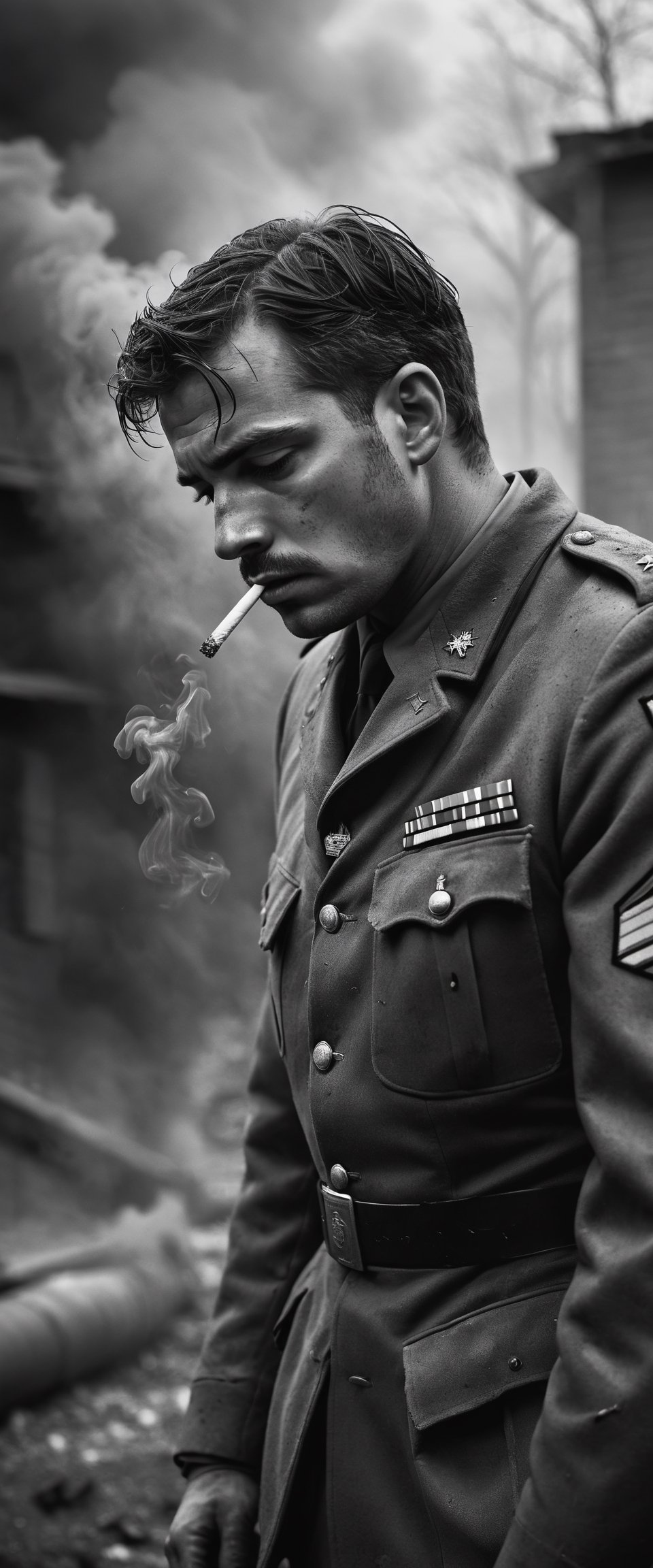 realistic image, captured with a Canon EOS R5, 35mm lens, F/1.8, ((black and white)), a defeated soldier, his face etched with fatigue and despair, takes a drag from a cigarette, smoke, uniform is tattered and worn, all is lost, disillusioned, highly detailed, award-winning, long exposure,  highly detailed, intricate background with smoke and mayhem