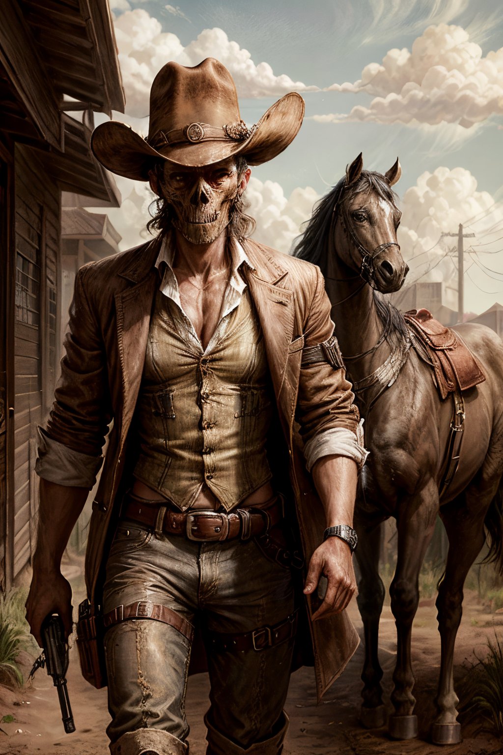 a skeleton dressed in a cowboy outfit holding a gun,  skeleton cowboy,  post - apocalyptic cowboy by AlfaBlue on Tensor.Art