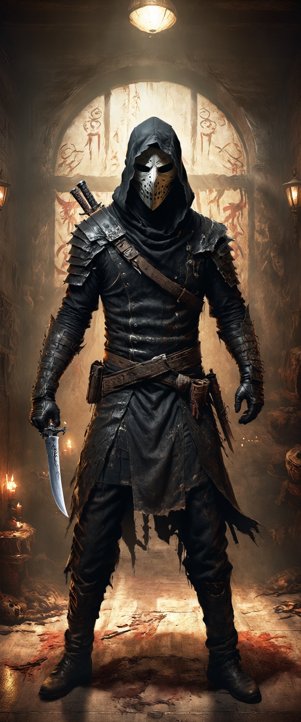 A shadow assassin, dynamic pose, dressed in leather and cloth, wearing an intricate mask of linnen, ((carrying one knife in his right hand)), left hand is a fist, standing in dimly lit room with candles, eerie and horrid, creepy, mystical, cinematic, indoor scene, red and black ration, realistic details, high resolution, photorealistic, detailed, 8k, horror artwork, photo r3al,Digital painting 