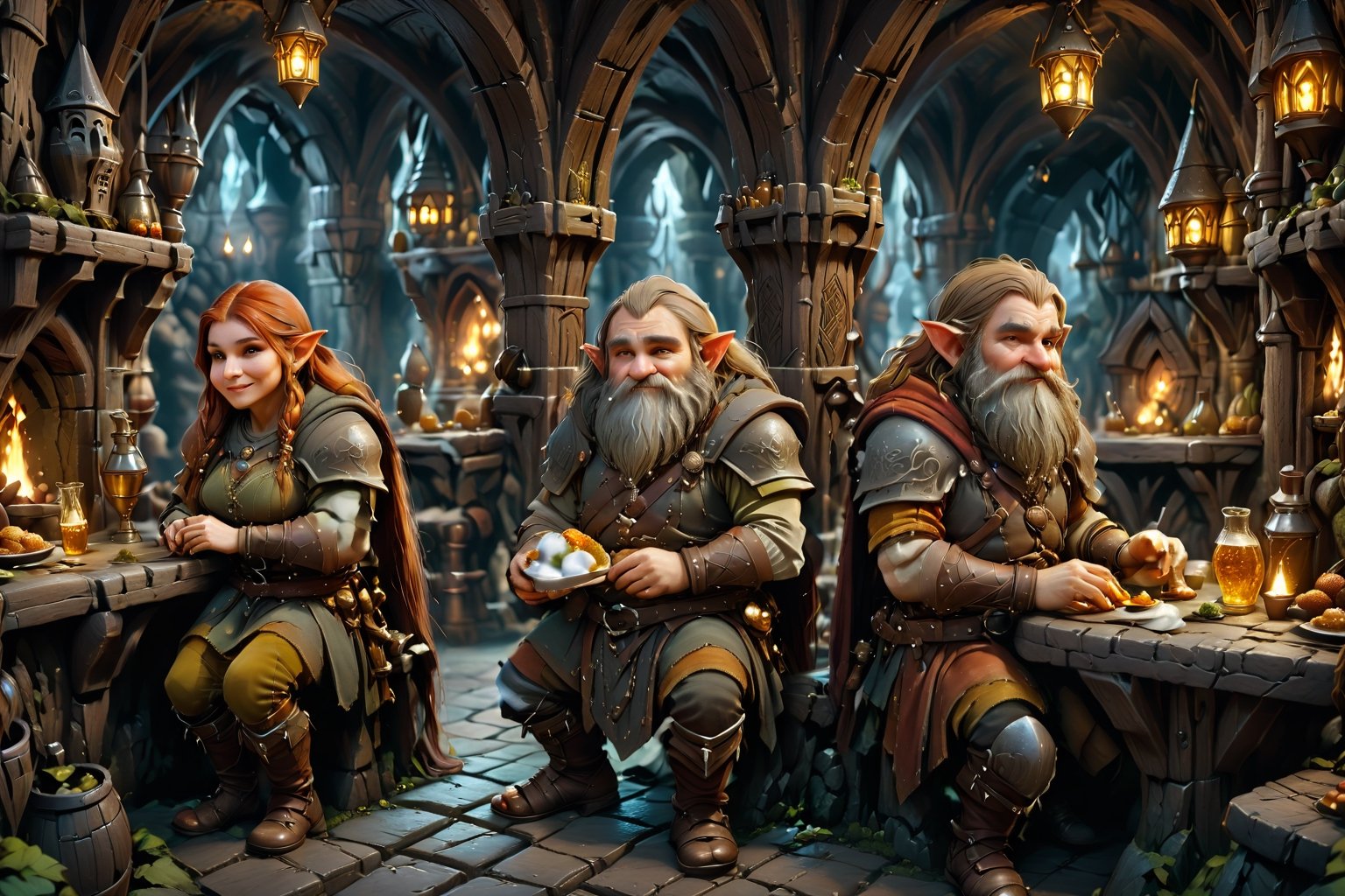 A digital illustration inspired by the fantasy world of Brian Froud, portraying a bustling medieval tavern filled with eccentric characters. The art form exudes a dreamlike quality with intricate details and vibrant colors. A cool color temperature enhances the mystical aura, while characters showcase a range of expressions, from laughter to curiosity, illuminated by magical, soft lighting.

300 DPI, HD, 8K, Best Perspective, Best Lighting, Best Composition, Good Posture, High Resolution, High Quality, 4K Render, Highly Denoised, Clear distinction between object and body parts, Masterpiece, Beautiful face, 
Beautiful body, smooth skin, glistening skin, highly detailed background, highly detailed clothes, 
highly detailed face, beautiful eyes, beautiful lips, cute, beautiful scenery, gorgeous, beautiful clothes, best lighting, cinematic , great colors, great lighting, masterpiece, Good body posture, proper posture, correct hands, 
correct fingers, right number of fingers, clear image, face expression should be good, clear face expression, correct face , correct face expression, better hand position, realistic hand position, realistic leg position, no leg deformed, 
perfect posture of legs, beautiful legs, perfectly shaped leg, leg position is perfect,Night scene,l2rvelf,ro1,Dwarves,2d game scene