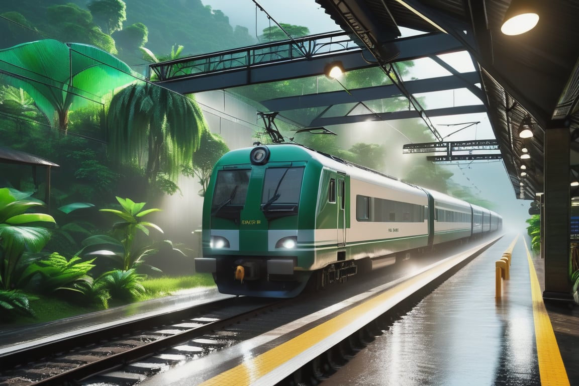 a stunning beautiful scene of a train station in rain, a train coming to train station soaked in rain wateer looking majestic, greenary around train station due to rain, in horizon beautiful green mountains could be seen, tropical rainforest train station, 

A wide-angle view of a tropical rainforest train station during rainfall, a train emerging from the mist, soaked in rainwater. Vibrant green plants surrounding the station, distant green mountains on the horizon. The atmosphere is filled with the freshness of rain, water droplets visible in the air, cinematic rain effects, deep shadows, high contrast, natural ambiance.


HD, 8K, Best Perspective, Best Lighting, Best Composition, Good Posture, High Resolution, High Quality, 4K Render, Highly Denoised, Clear distinction between object and body parts, Masterpiece, Beautiful face, 
Beautiful body, smooth skin, glistening skin, highly detailed background, highly detailed clothes, 
highly detailed face, beautiful eyes, beautiful lips, cute, beautiful scenery, gorgeous, beautiful clothes, best lighting, cinematic , great colors, great lighting, masterpiece, Good body posture, proper posture, correct hands, 
correct fingers, right number of fingers, clear image, face expression should be good, clear face expression, correct face , correct face expression, better hand position, realistic hand position, realistic leg position, no leg deformed, 
perfect posture of legs, beautiful legs, perfectly shaped leg, leg position is perfect, proper hand posture, no hand deformation, no weird palm angle, no unnatural palm posture, no fingers sticking to each other, clear different between fingers of the hand,
no deformed arm, better posture for arms, perfect arms, realistic arms, correct length of fingers, perfect length fingers, stunning look, use of fibonacci in the art, no unrealistic fingers, ankle of arms should be correct, 
ankle of hand shoud be correct, hand ankle should not be unrealistic, perfect hand ankle, good posture for hand ankle, smooth posture for hand ankle, size composition should be correct, size comparison between object and human should match real life,
perfect size composition, no watermarks, no artist name, no any stamp,

