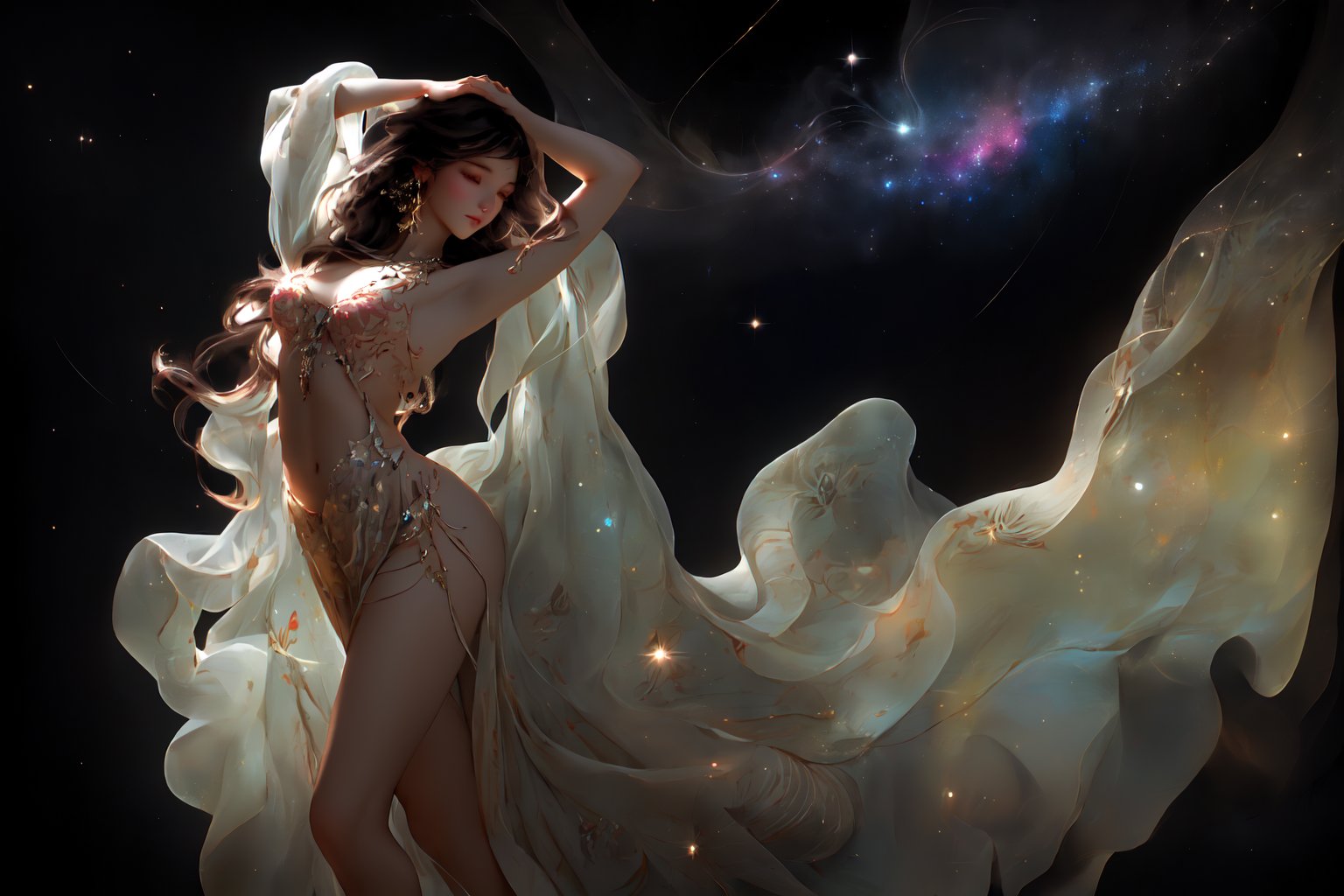 A celestial dancer in the midst of the cosmos, wearing a flowing, iridescent dress that shimmers with stardust, distant galaxies and nebulae surrounding her. Stars twinkle around her, creating a dreamlike aura. Soft, colorful lighting with a gentle glow illuminates her figure. Created Using: ultra-wide-angle lens, surrealism, low exposure, digital painting techniques, celestial theme, ethereal lighting, cosmic color palette, dynamic composition, hd quality, natural look.

HD, 8K, Best Perspective, Best Lighting, Best Composition, Good Posture, High Resolution, High Quality, 4K Render, Highly Denoised, Clear distinction between object and body parts, Masterpiece, Beautiful face, 
Beautiful body, smooth skin, glistening skin, highly detailed background, highly detailed clothes, 
highly detailed face, beautiful eyes, beautiful lips, cute, beautiful scenery, gorgeous, beautiful clothes, best lighting, cinematic , great colors, great lighting, masterpiece, Good body posture, proper posture, correct hands, 
correct fingers, right number of fingers, clear image, face expression should be good, clear face expression, correct face , correct face expression, better hand position, realistic hand position, realistic leg position, no leg deformed, 
perfect posture of legs, beautiful legs, perfectly shaped leg, leg position is perfect, proper hand posture, no hand deformation, no weird palm angle, no unnatural palm posture, no fingers sticking to each other, clear different between fingers of the hand,
no deformed arm, better posture for arms, perfect arms, realistic arms, correct length of fingers, perfect length fingers, stunning look, use of fibonacci in the art, no unrealistic fingers, ankle of arms should be correct, 
ankle of hand shoud be correct, hand ankle should not be unrealistic, perfect hand ankle, good posture for hand ankle, smooth posture for hand ankle, size composition should be correct, size comparison between object and human should match real life,
perfect size composition,

dancing,exotic_dance,girl,beauty, cosmos, universe, 