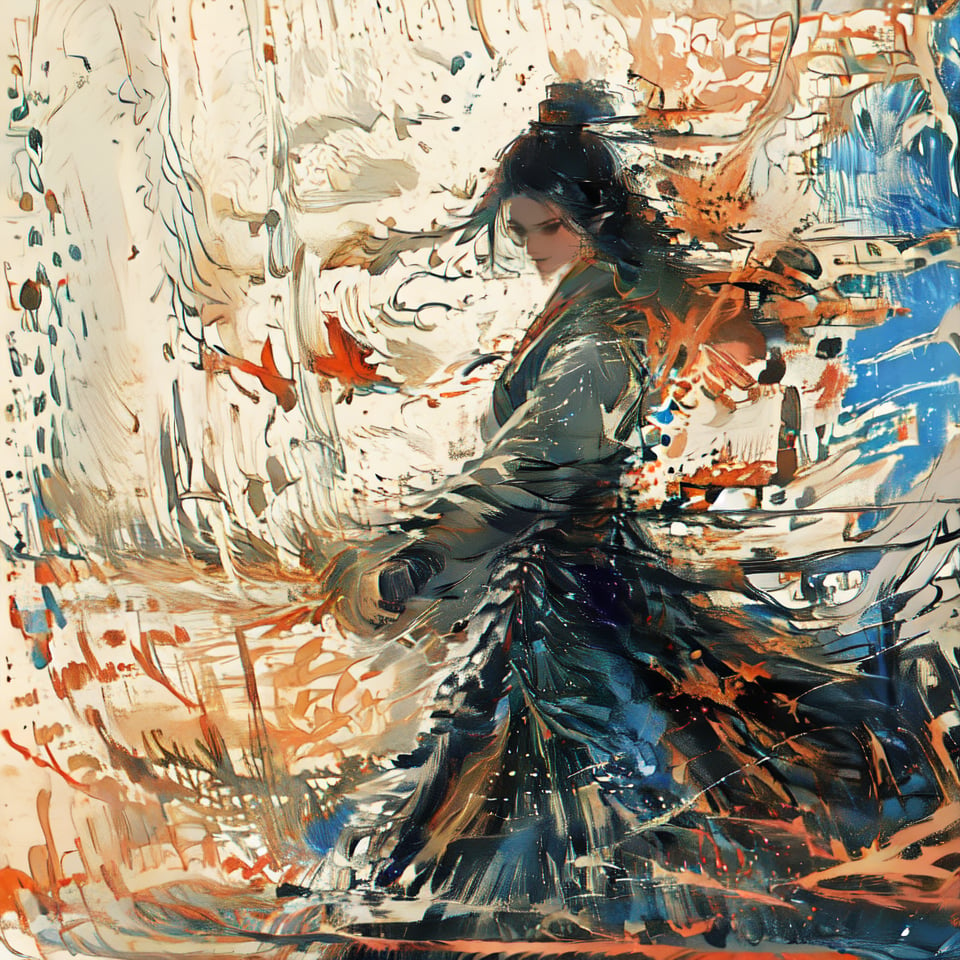 A painting of a swordswoman in a courtyard, her graceful swordplay blending seamlessly with the falling autumn leaves. Her movements evoke a sense of serenity and power, as the warm afternoon sun filters through vibrant red and orange trees. Her sword leaves trails of glowing light as she moves. Soft, golden hues illuminate the scene. Created using: impressionist style, soft brush strokes, autumn palette, flowing movement, magical energy effects, glowing highlights, dynamic composition, canvas texture., wuxia,sdmai