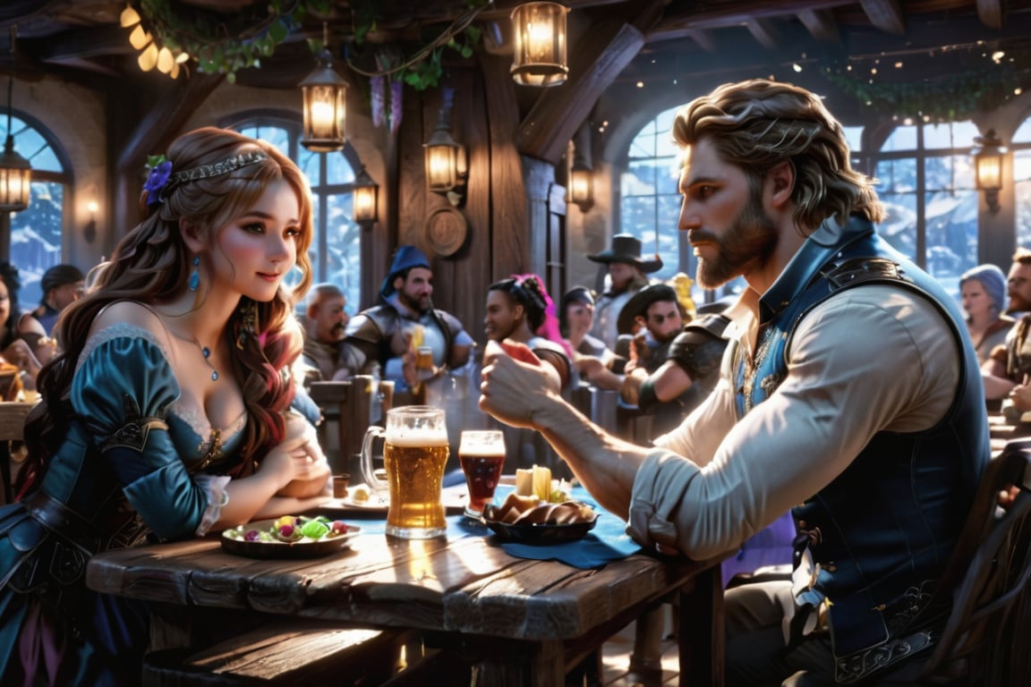 a inside scenery of a fantasy tavern where all race of fantasy people are drinking and eating together and having fun. Some are eating food, some drinking beer, some people doing arm wrestling, beautiful girl dancing, some are singing, all happy scene inside the tavern. A mess but a beautiful mess. 

HD, 8K, Best Perspective, Best Lighting, Best Composition, Good Posture, High Resolution, High Quality, 4K Render, Highly Denoised, Clear distinction between object and body parts, Masterpiece, Beautiful face, 
Beautiful body, smooth skin, glistening skin, highly detailed background, highly detailed clothes, 
highly detailed face, beautiful eyes, beautiful lips, cute, beautiful scenery, gorgeous, beautiful clothes, best lighting, cinematic , great colors, great lighting, masterpiece, Good body posture, proper posture, correct hands, 
correct fingers, right number of fingers, clear image, face expression should be good, clear face expression, correct face , correct face expression, better hand position, realistic hand position, realistic leg position, no leg deformed, 
perfect posture of legs, beautiful legs, perfectly shaped leg, leg position is perfect, proper hand posture, no hand deformation, no weird palm angle, no unnatural palm posture, no fingers sticking to each other, clear different between fingers of the hand, 

