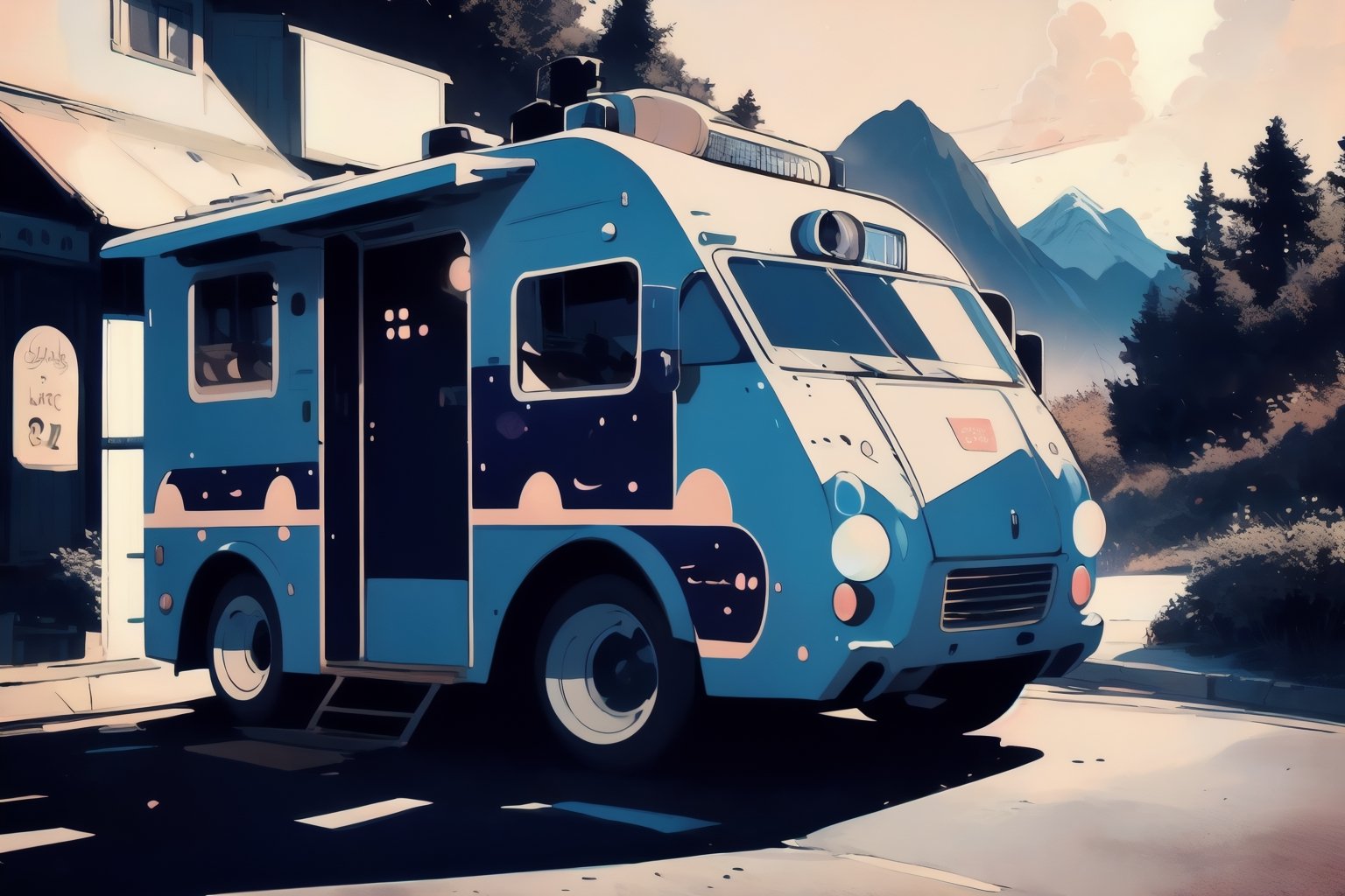  Illustration of a whimsical food truck navigating a serpentine mountain road, evoking the playful style of Mary Blair. Vibrant colors paint the scene, with the truck adorned in enchanting patterns, serving delights to joyful, stylized characters enjoying their mountainous feast. Warm tones and dynamic perspectives bring a sense of magical realism to the cheerful atmosphere

300 DPI, HD, 8K, Best Perspective, Best Lighting, Best Composition, Good Posture, High Resolution, High Quality, 4K Render, Highly Denoised, Clear distinction between object and body parts, Masterpiece, Beautiful face, 
Beautiful body, smooth skin, glistening skin, highly detailed background, highly detailed clothes, 
highly detailed face, beautiful eyes, beautiful lips, cute, beautiful scenery, gorgeous, beautiful clothes, best lighting, cinematic , great colors, great lighting, masterpiece, Good body posture, proper posture, correct hands, 
correct fingers, right number of fingers, clear image, face expression should be good, clear face expression, correct face , correct face expression, better hand position, realistic hand position, realistic leg position, no leg deformed, 
perfect posture of legs, beautiful legs, perfectly shaped leg, leg position is perfect,cartoon,futruk,LOFI,portrait,LOFI GIRL,breakdomain,STYLE,illustration