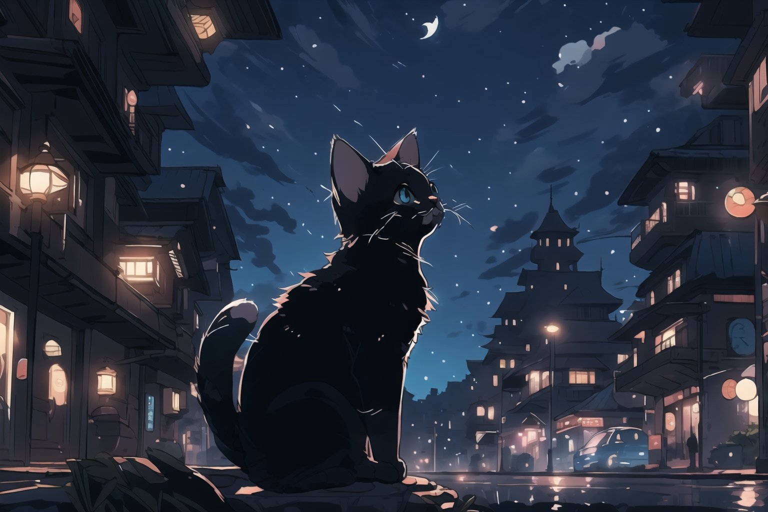 A cat gracefully crosses a dimly lit street at night, bathed in the gentle glow of streetlights, captured in the captivating essence of digital illustration reminiscent of Hayao Miyazaki's enchanting worlds. The feline silhouette moves with elegance, whiskers catching the ambient light, as the surroundings echo a serene, magical atmosphere, with a cool blue color temperature accentuating the nocturnal charm. The cat's eyes express a curious determination, adding depth to the scene.

300 DPI, HD, 8K, Best Perspective, Best Lighting, Best Composition, Good Posture, High Resolution, High Quality, 4K Render, Highly Denoised, Clear distinction between object and body parts, Masterpiece, Beautiful face, 
Beautiful body, smooth skin, glistening skin, highly detailed background, highly detailed clothes, 
highly detailed face, beautiful eyes, beautiful lips, cute, beautiful scenery, gorgeous, beautiful clothes, best lighting, cinematic , great colors, great lighting, masterpiece, Good body posture, proper posture, correct hands, 
correct fingers, right number of fingers, clear image, face expression should be good, clear face expression, correct face , correct face expression, better hand position, realistic hand position, realistic leg position, no leg deformed, 
perfect posture of legs, beautiful legs, perfectly shaped leg, leg position is perfect , 
,cat,HYPER REAL CAT ,Night scene,yofukashi background