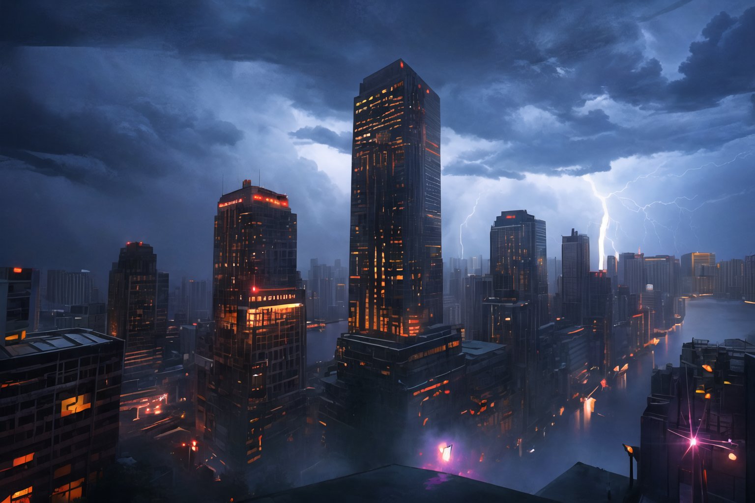 "A lone figure stands at the top of a tall tower, gazing out over a sprawling city illuminated by the glow of streetlights and skyscrapers against the backdrop of a stormy night sky. Thunder rumbles ominously in the distance, and flashes of lightning occasionally light up the dark clouds. Heavy rain pours down, drenching the scene, as droplets cascade from the tower's edges. The figure, wearing a long coat that clings to their body from the rain, stands resolute, gripping the railing as they look over the cityscape below. Their silhouette is framed by the dramatic flashes of lightning, while the rain falls in heavy sheets, creating a sense of tension and power in the storm. The city lights reflect off the wet streets far below, and the atmosphere is filled with a mixture of awe, solitude, and the raw force of nature.",Gotham City Style, kowloon walled city