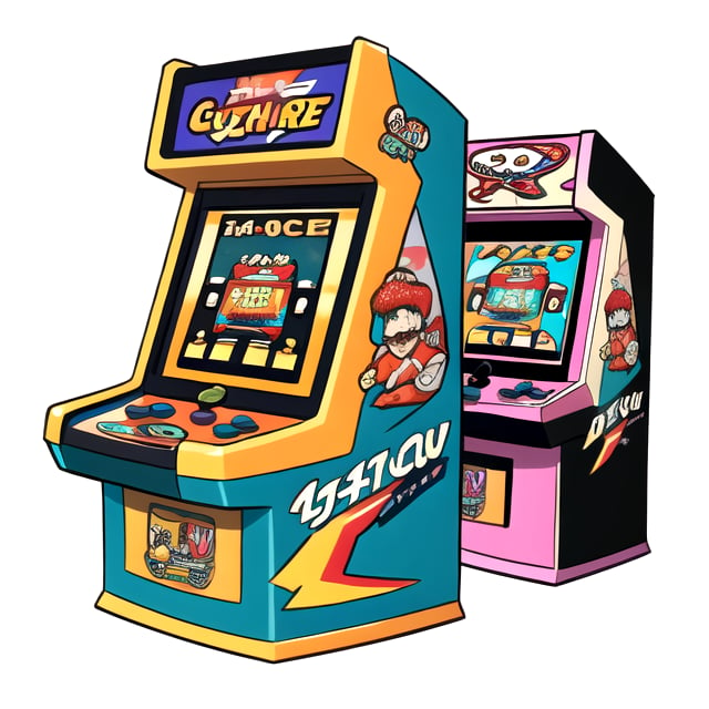 an illustration of a colorful arcade machine with high resolution resolution image of 3000 pixels, 3 arcade machine from left view, front view and right view
