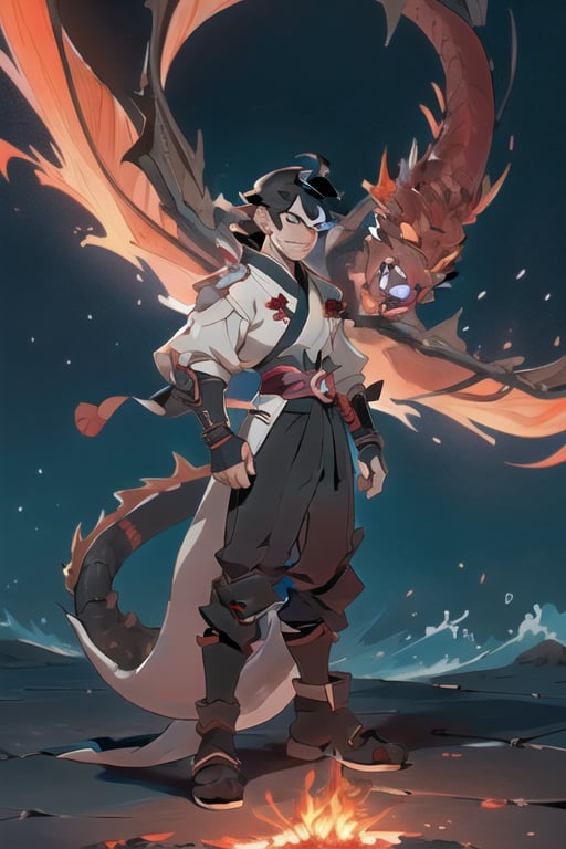 1man,Anime_style,genshin_impacr_style ,red_eye,black-hair,bleacj_stlye, handsome,slit , extremely detailed, high resolution,juxtaposition,standing_up_in_a_sea_of_flames,alone,fire_emblem,dragon_(species), looks_like_Sasuke 