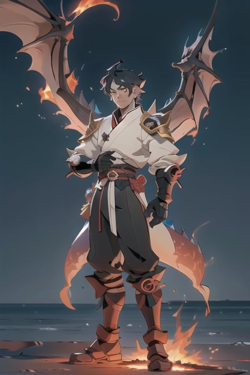 1man,Anime_style,genshin_impacr_style ,red_eye,black-hair,bleacj_stlye, handsome,slit , extremely detailed, high resolution,juxtaposition,standing_up_in_a_sea_of_flames,alone,fire_emblem,dragon_(species), looks_like_Sasuke 