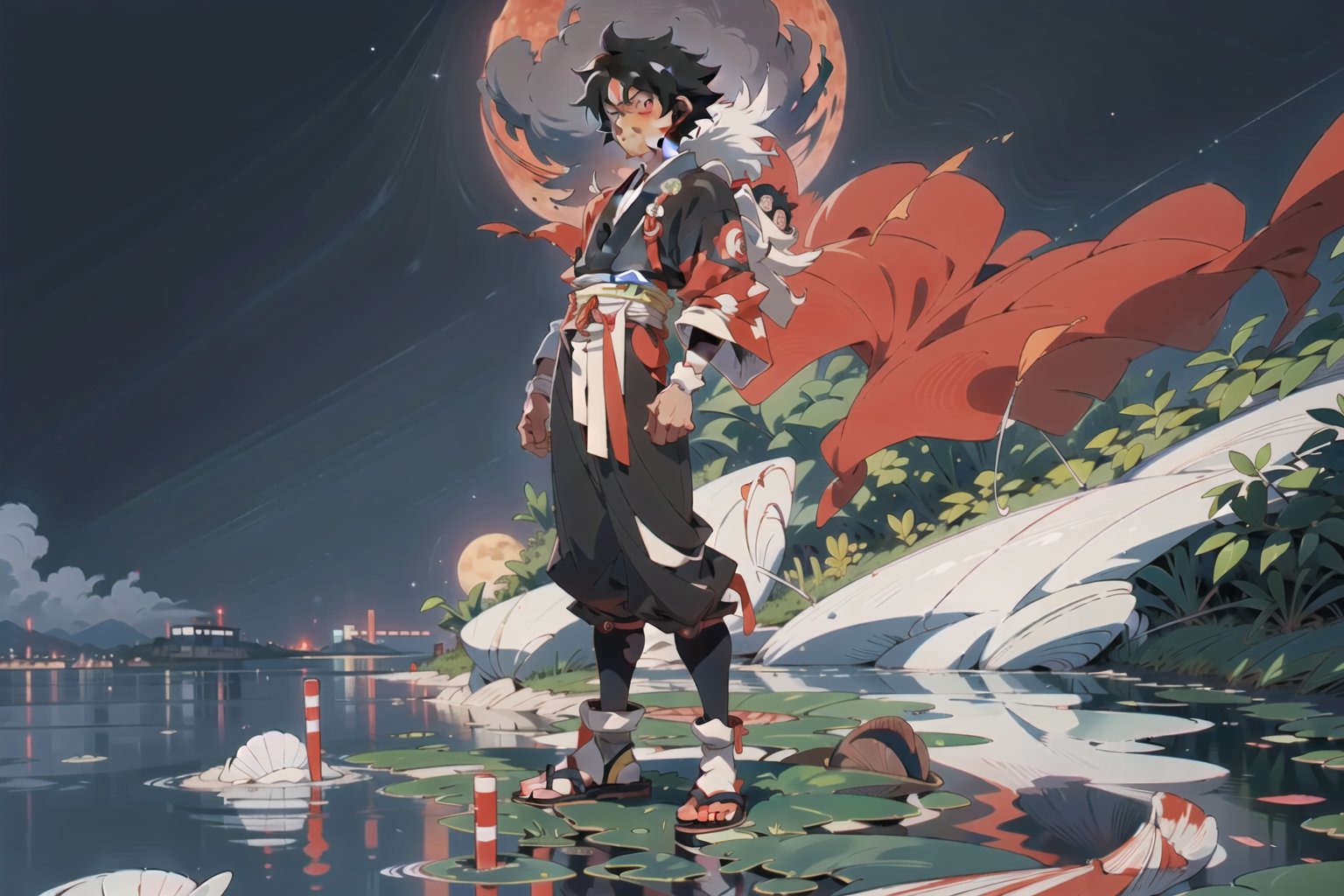 < Master piece anime cartoon style tite kubo  character style and nobuhiro watsuki 
 background style > black-hair,confident, clam-look-on-his-face,young male,crimson red eyes,japanese-style white,kimono-full body-legs-spread-out,with-a-clam-body-language,standing-in Neon lighting as the moon glow falls upon him alone and the water he stands on  he looks like Sasuke Uchiha high resolution extremely detailed handsome beyond belief 