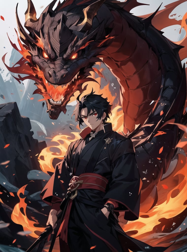 1man,Anime_style,genshin_impacr_style ,red_eye,black-hair,bleacj_stlye, handsome,slit , extremely detailed, high resolution,juxtaposition,standing_up_in_a_sea_of_flames,alone,fire_emblem,dragon_(species), looks_like_Alucard