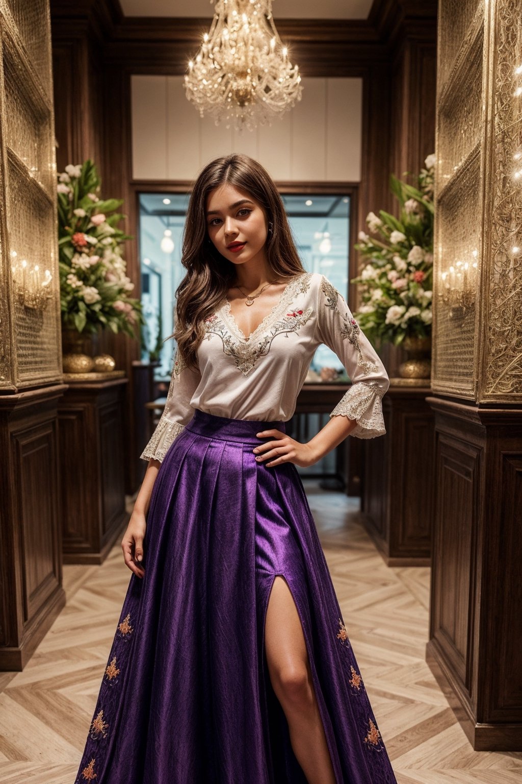 (Girl in luxurious showroom),  (Beautiful violet skirt),  bodycon long skirt by Ai character  on Tensor.Art