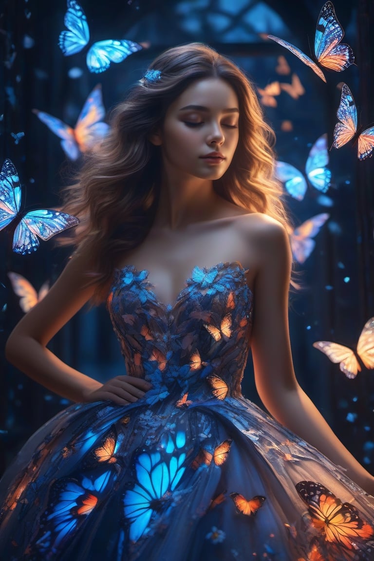 A girl wearing ,glowing butterflies gown dress,fantacy,  ,cinematic, photography,  hyper detailed, trending on artstation, sharp focus, studio photo, intricate details, highly detailed,detailed face, detailed, (ultra hd,) ,photo r3al